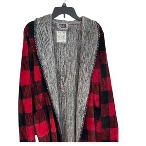 Stay Cozy Red‎ Black Buffalo Plaid Fuzzy Hooded Cardigan Sleep Sense Womens Med